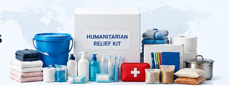 Illustrative assortment of humanitarian relief supplies including hygiene, shelter, medical and household essentials